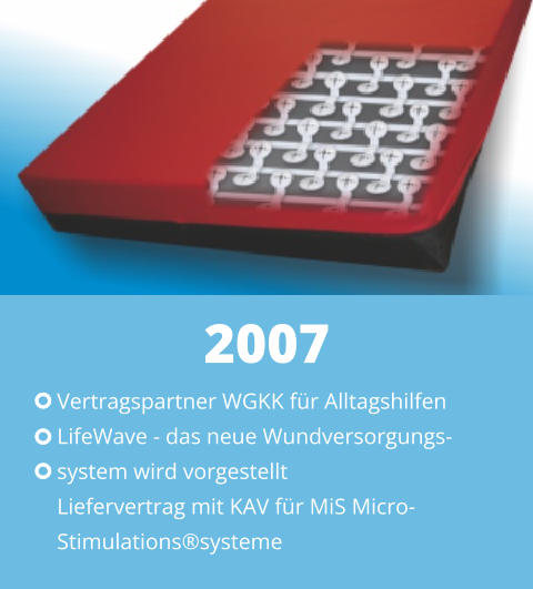 Vertragspartner WGKK für Alltagshilfen LifeWave - das neue Wundversorgungs- system wird vorgestellt Liefervertrag mit KAV für MiS Micro- Stimulations®systeme 2007