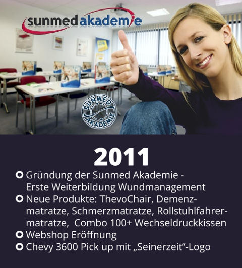 Gründung der Sunmed Akademie -  Erste Weiterbildung Wundmanagement Neue Produkte: ThevoChair, Demenz- matratze, Schmerzmatratze, Rollstuhlfahrer- matratze,  Combo 100+ Wechseldruckkissen Webshop Eröffnung Chevy 3600 Pick up mit „Seinerzeit“-Logo 2011